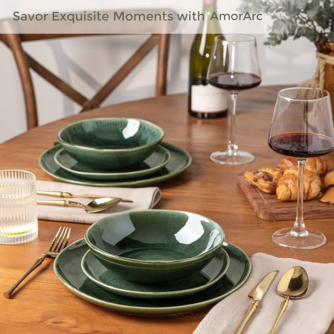 AmorArc Ceramic Dinnerware SetsHandmade Reactive Glaze Stoneware Plates and Bowls SetsHighly Scratch Resistant | Dishwasher &amp Microwave Safe Dishes SetService for 8 (24pc)