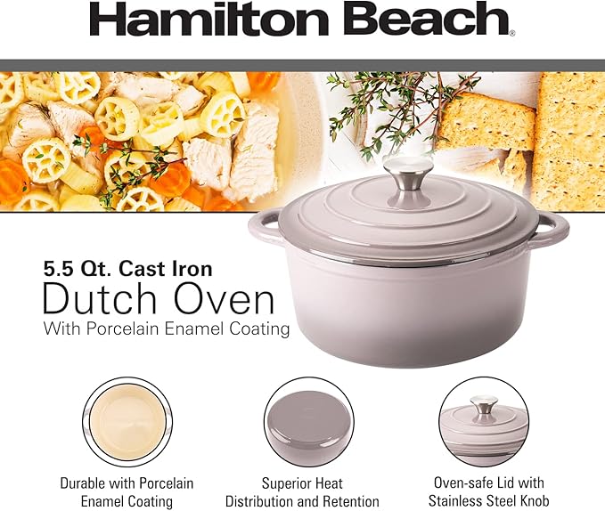 Hamilton Beach 5.5-Quart Enameled Cast Iron Dutch Oven with Lid | Heavy-Duty Pot for Braising Roasting &amp Baking | Gray