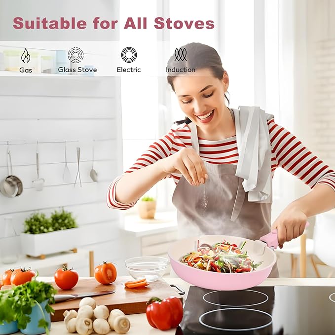 17 Piece Ceramic Pots and Pans Set Non Stick Cookware Set with Detachable Handle Dishwasher/Oven Safe Induction Ready Stackable RV Kitchen Cooking Set Removable Handles Pots Protectors Pink
