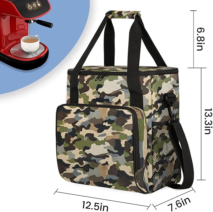 Camo Color Coffee Maker Travel Bag for Keurig K-Mini/K-Mini Plus Insulated Waterproof Tote with Pockets for K-Cup Portable Single-Serve Brewer Case