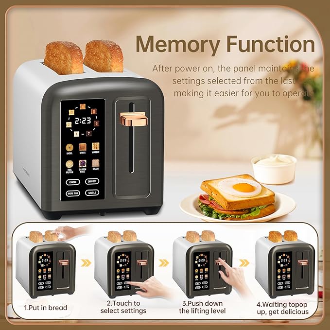 SEEDEEM Toaster 2 Slice Real Touch Screen with LCD Display Single-Slice Function Stainless Steel Toaster 50% Faster Heating 1.5 Wide Slots Removable Crumb Tray 1350W Dark Metallic