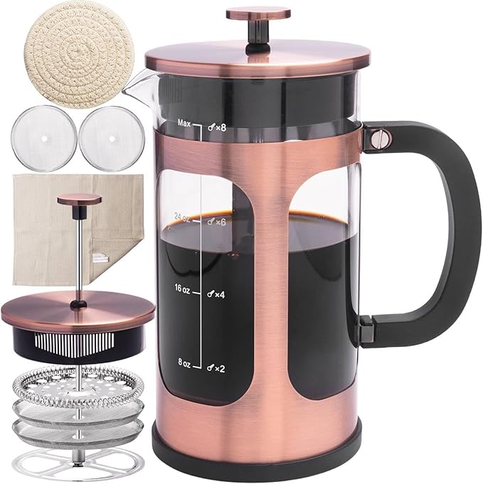 French Press Coffee Maker 8 cups 34 oz 304 Stainless Steel Coffee Press with 4 Filter Screens Easy Clean Heat Resistant Borosilicate Glass - Free 100% BPA… (Copper-NRA1-S 34oz)