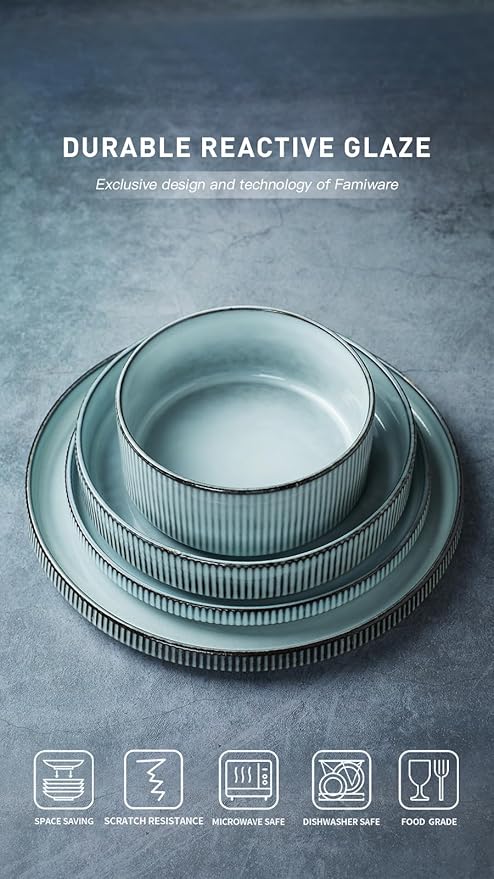 Famiware Star Dinnerware Set with Plates and Bowls Service for 4 (16-Piece) Stoneware Kitchen Dishes Dinner Sets - Smoky Blue