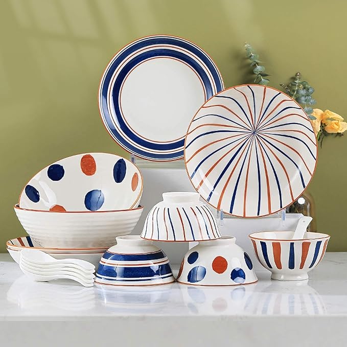 Kitchen Tableware SetCeramics Dinner Sets Retro Annual Ring Porcelain Dinnerware Set of 24 Japanese-Style Cereal Bowl and Steak Plate Set for Family Gathering