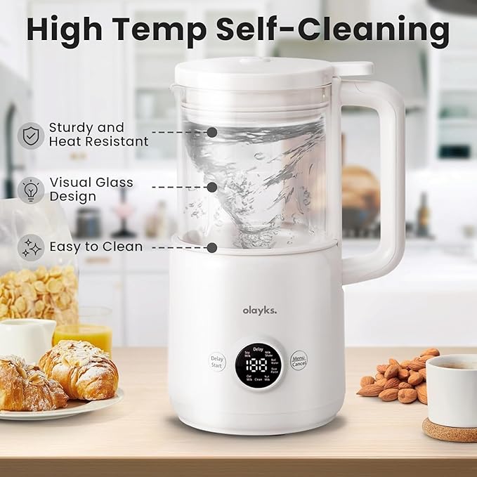 olayks Nut Milk Maker Machine 20oz Automatic Soy Milk Maker with 12 Blades for Homemade Soy Oat Almond Plant Based Milk and Non Dairy Beverages Delay Start/Self-Cleaning/Boil Water with Recipe
