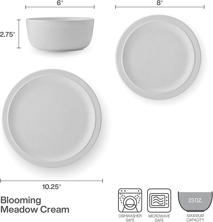 Pfaltzgraff Blooming Meadow 12 Piece Plates Bowls Dinnerware Set Service for 4 Cream