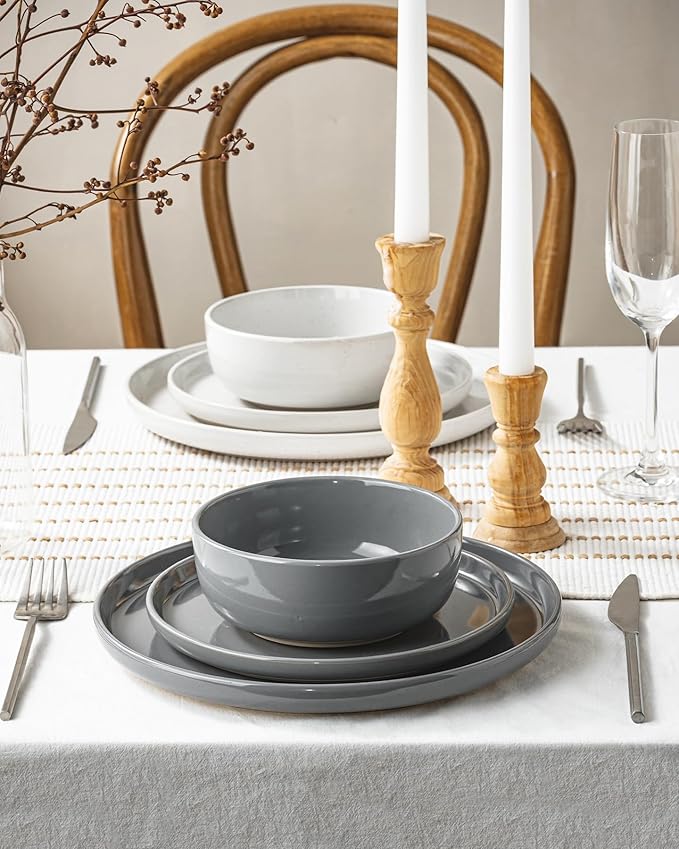 Famiware Milkyway Plates and Bowls Sets 12 Pieces Stoneware Dinnerware Sets Dishes Set for 4 White &amp Dark Gray