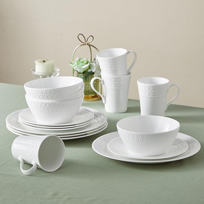16Piece Bone China Dinnerware Set with Elegant Dotted Relief Design Embossed Plates Bowls mugs Chip-Resistant Lightweight Elegant and Durable Service for 4 White