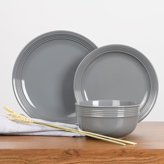 Stoneware Dinnerware Set. Dishes for 4. Plates and Bowls Set. Microwave Safe. Platos de Cocina. Kitchen Plates. Gray Dish