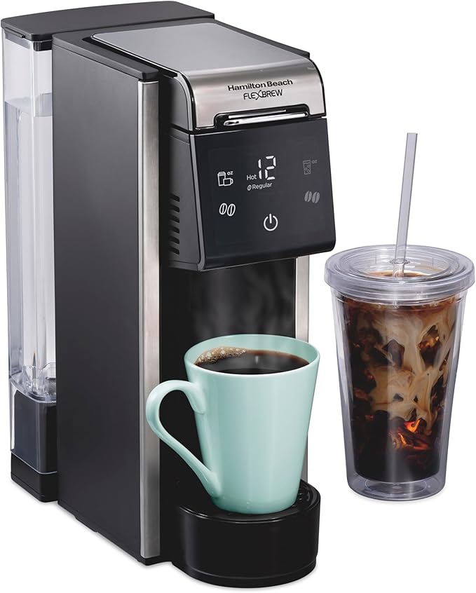 Hamilton Beach FlexBrew Advanced 4-in-1 Single Serve Hot &amp Iced Coffee Maker with Removable 45 oz. Water Reservoir Use Pod Packs and Grounds Fast Brewing LED Touchscreen Black (49925)