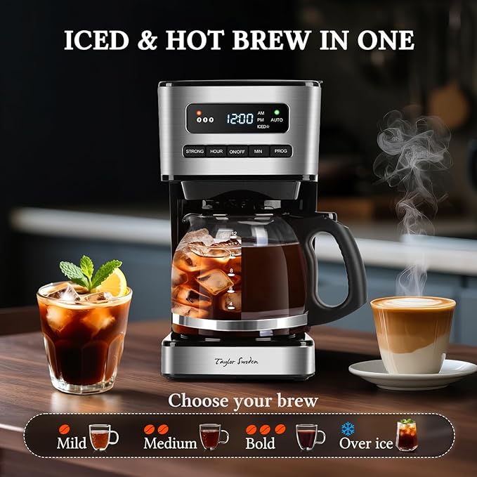Taylor Swoden Programmable Coffee Makers 12 Cup Hot and Iced Coffee Maker 3 Brew Strength LED Display 24H Timer Keep Warm&ampAuto Shutoff- Drip Coffee Machine for Home/Office Black &ampStainle