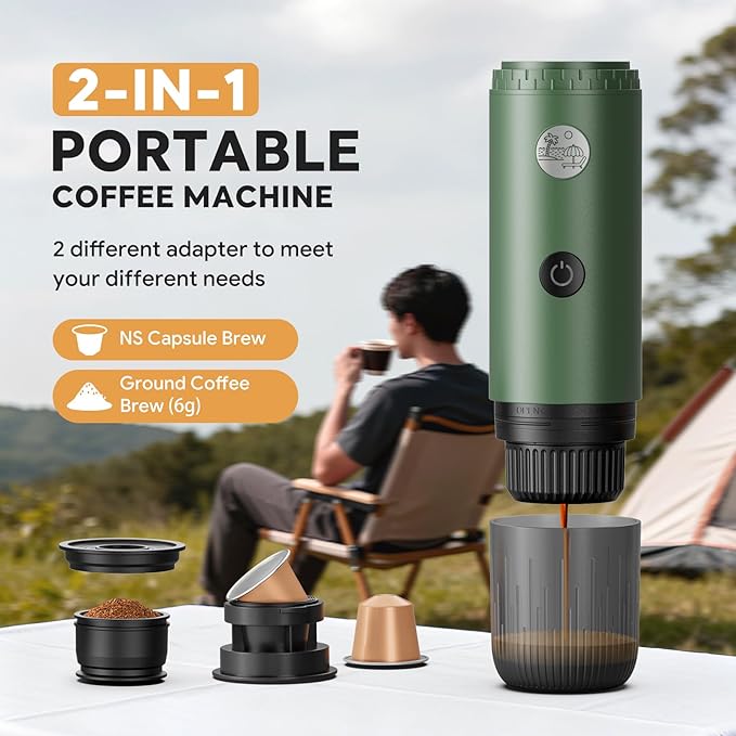 Portable Electric Espresso Machine Travel Coffee Maker for Camping Car Coffee Maker Self-Heating with USB-C 20 Bar Coffee Maker With Ground Coffee &amp NS Capsule for RV Hiking Office(Green)