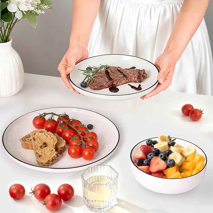 Plates and Bowls Sets for 412 Pieces Ceramic Dish set White Dinnerware Set for Kitchen Modern Design Plate Sets with Black Rim Microwave and Dishwasher Safe