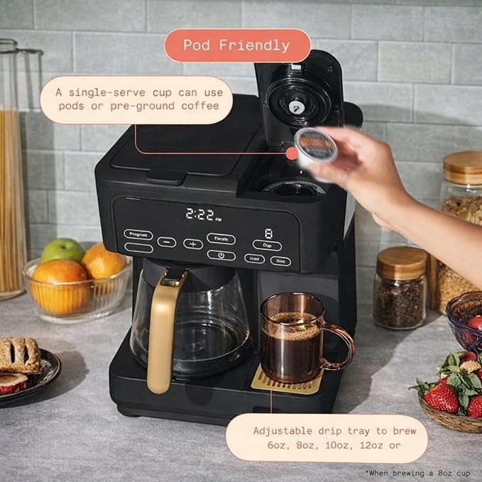 Multi Brew Coffee Maker with Single Serve and Carafe Brewing Options for Countertop Home Use (Black Sesame)