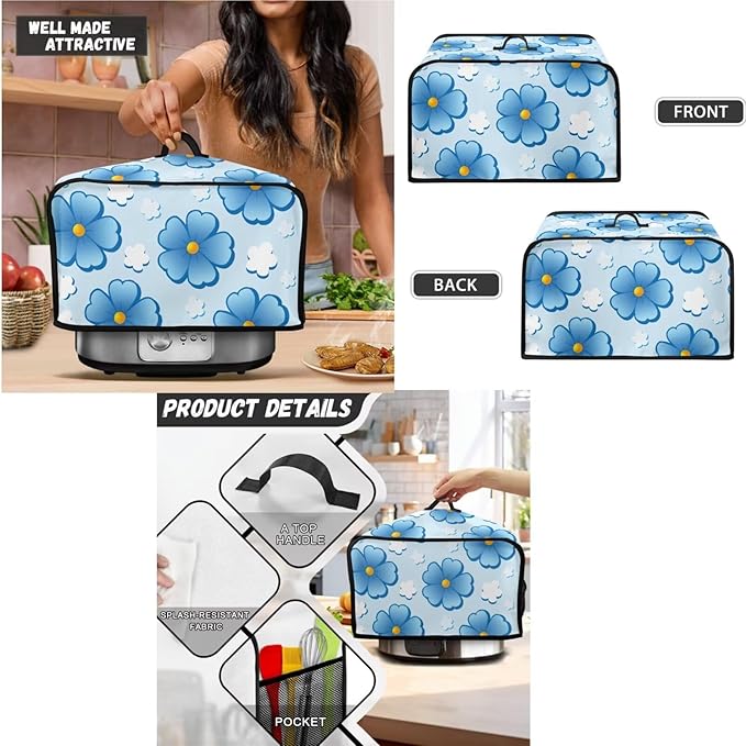 Blue Floral 4 Slice Toaster Cover Small Appliance Cover 3-Pcs SetBread Toaster  Blender and Slow Cooker Dust and Fingerprint Protection Machine Washable Kitchen Decor (Blue)