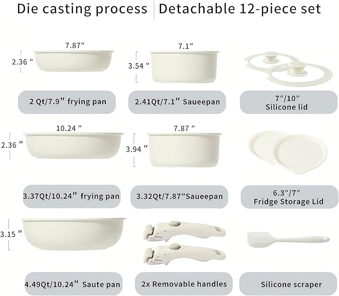 12pcs of Healthy Ceramic Cookware SetInduction Kitchen Cooking Sets with Detachable HandlePots and Pans Set Non StickNon Toxic Cookware Set RV Camping Stackable Pots Kitchen SetPFAS/PFOA Free
