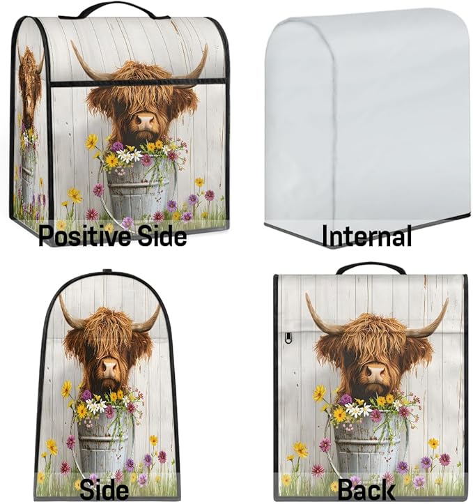 Kitchen Aid Mixer Cover Flower Cute Cow Highland Stand Mixer Cover Compatible with 6-8 Quarts Stand Mixers Dust Covers with Zipper Pocket Foldable Washable Kitchen Aid Organizer Bag