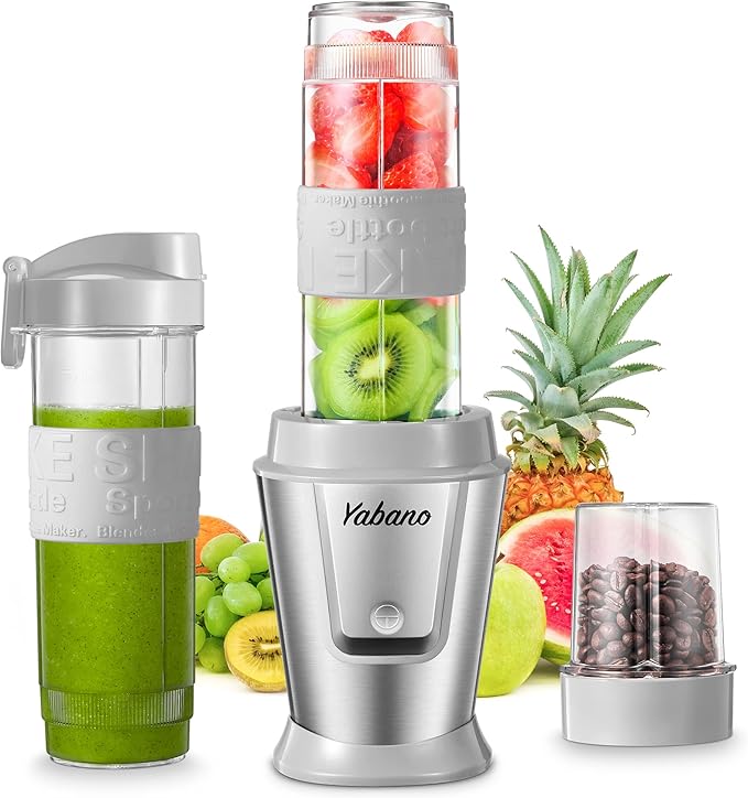 Personal Blender Electric Shake Bottle with 2 x 20oz Travel Bottle and Coffee/Spices Jar Portable Shaker Cups for Protein Shakes 500W Single Serve Blender for Shakes and Smoothies Sports(Grey)