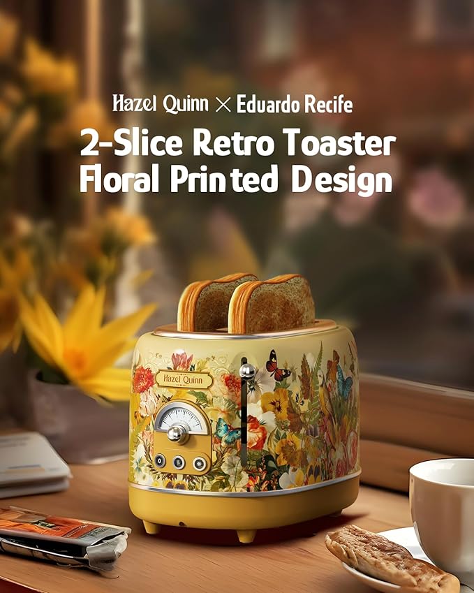 Hazel Quinn X Eduardo Recife Collaboration 2-Slice Retro Toaster 6 Browning Levels 3 Functions-Defrost/Reheat/Cancel Removable Crumb Tray for Easy to Clean 1.5 Inches Extra Wide Slots