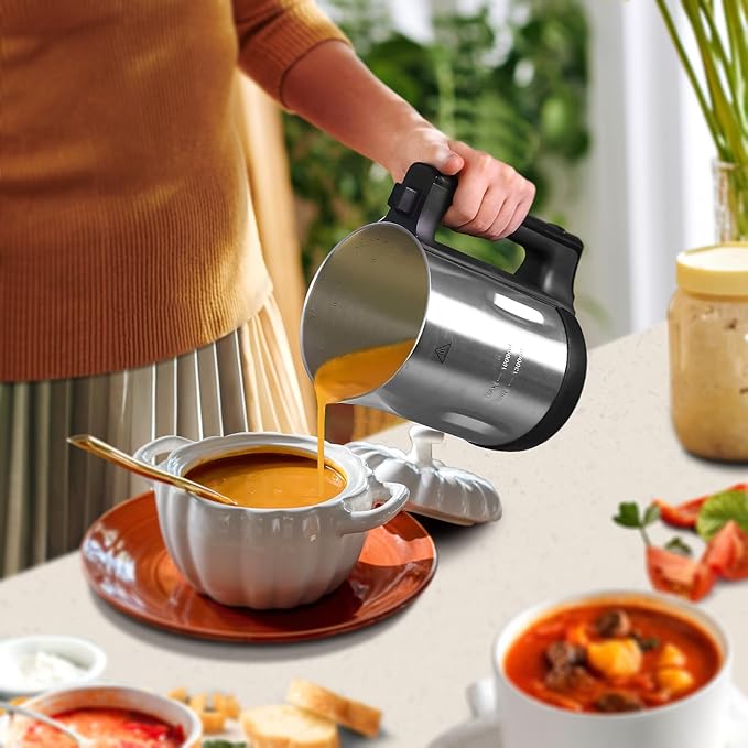 Homtone 1.6L Soup Maker Stainless Steel Soup Making Machine with Smooth &amp Chunky Settings Anti-Dry Burn Overfill Sensors Self-Cleaning Mode for Quick Soups Baby Food