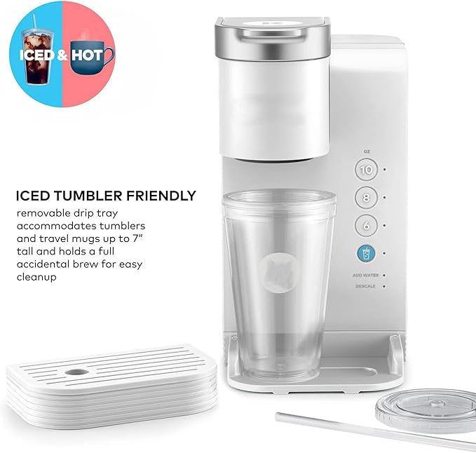 KeurigK -Express Essentials Plus Iced &amp Hot Single Serve Brewer Adjustable Temp Brew Over Ice Pods Compatible Coffee Maker (White)