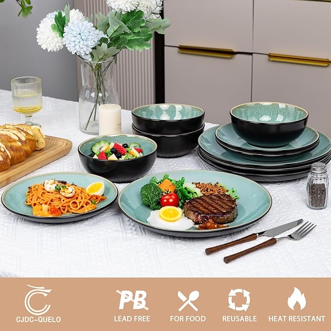 Plates and Bowls Sets for 4 - CJDC-QUELO 16-Piece Stoneware Dinnerware Sets Ceramic Dishware Set for Kitchen Use and Formal Dining Chip and Scratch Resistant Microwave Dishwasher Safe Green