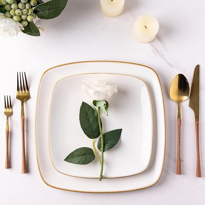 AmorArc Ceramic Dinnerware Sets for 4 12 Pieces Square Handpainted Plates and Bowls Set Chip and Scratch Resistant Stoneware Dishes Set Dishwasher &amp Microwave Safe Pearl White