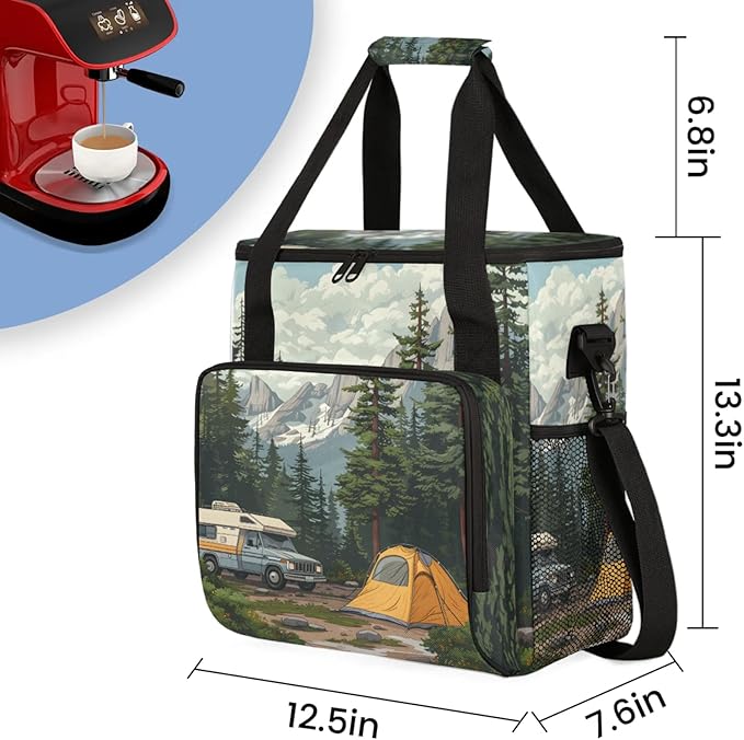 Camping Forest Coffee Maker Travel Bag for Keurig K-Mini/K-Mini Plus Insulated Waterproof Tote with Pockets for K-Cup Portable Single-Serve Brewer Case