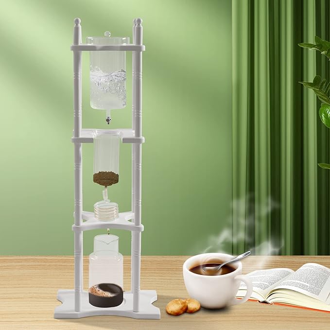 2500ML Drip Coffee Maker Siphon Coffee Pot Cold Brew Drip Tower Iced Coffee Machine with Wooden Stand Retro Coffee Maker 25 Cups for Home Coffee Shops White+Clear