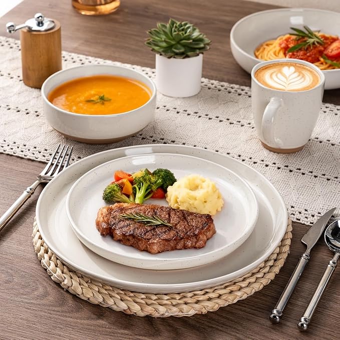 AmorArc Ceramic Dinnerware Sets with Pasta Bowls for 8 Handpainted Plates and Bowls Set with Rustic Terracotta Underside Scratch Resistant Dishes Set Dishwasher &amp Microwave Safe 32 Pcs
