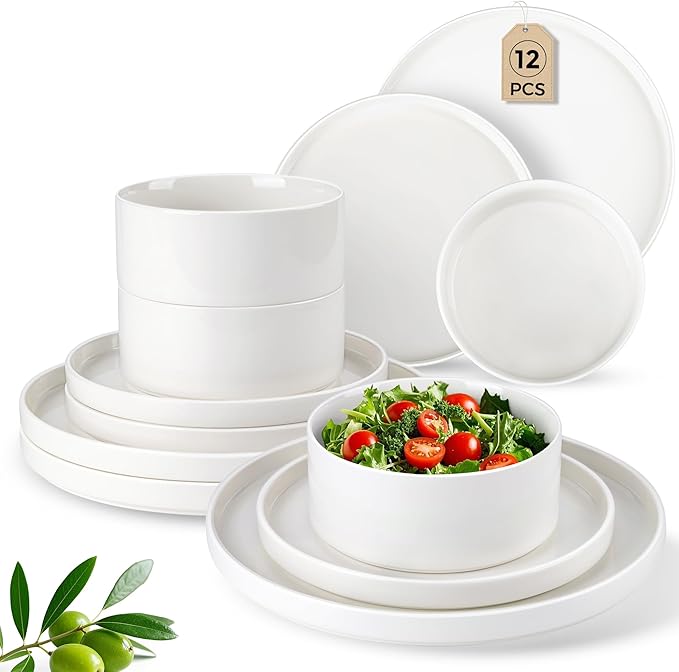 LERATIO Ceramic Dinnerware SetsHandcraft Embossed Stoneware Plates and Bowls SetsHighly Chip and Crack Resistant | Dishwasher &amp Microwave &amp Oven Safe Dishes setService for 4 (12pc)-White