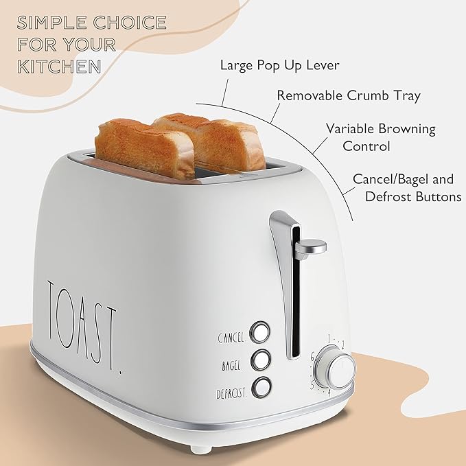 Rae Dunn Retro Rounded Bread Toaster 2 Slice Stainless Steel Toaster with Removable Crumb Tray Wide Slot with 6 Browning Levels Bagel Defrost and Cancel Options Cream