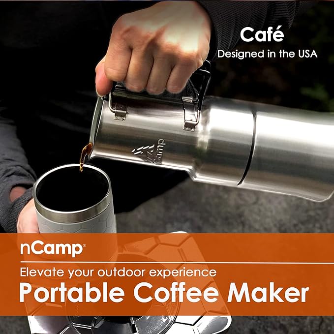 nCamp - Café Portable Coffee Maker Portable Espresso Machine Compact Camping Coffee Maker Stainless Steel Travel Coffee Maker with Camping Coffee Cup Reusable 12 oz