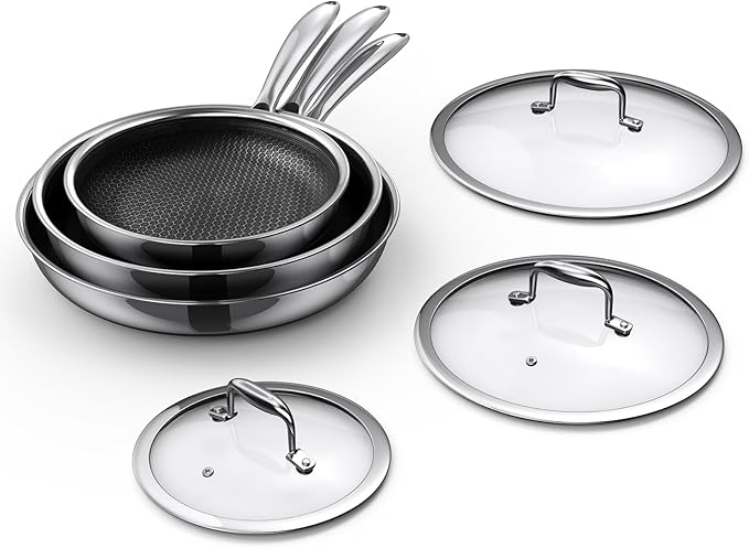 MOMOSTAR Hybrid Nonstick 6-Piece Frying Pan Set 8 10 and 12-Inch Cookware Sets with Tempered Glass Lids Dishwasher &amp Oven Safe Induction Ready Compatible with All Cooktops