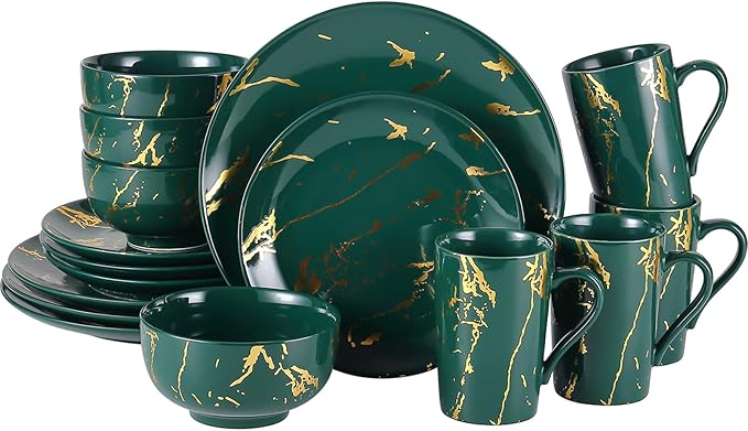 Modern Porcelain 16 Piece Green Dinnerware SetPlates and Bowls SetsGold Dish Set for 4Green Dinnerware SetDinner Sets with Dinner Plates.