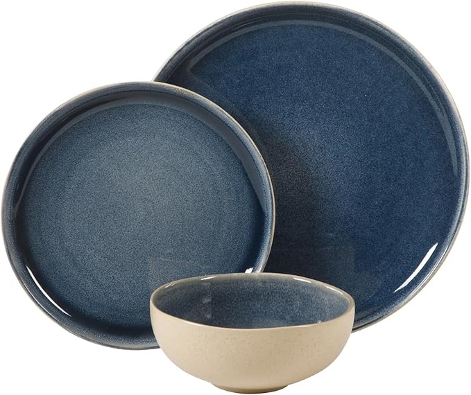 Gibson Elite Manila Bay 12-Piece Stoneware Dinnerware Set Service for 4 Reactive Glaze Modern Artisan Plates Bowls &amp Mugs Blue Round Design