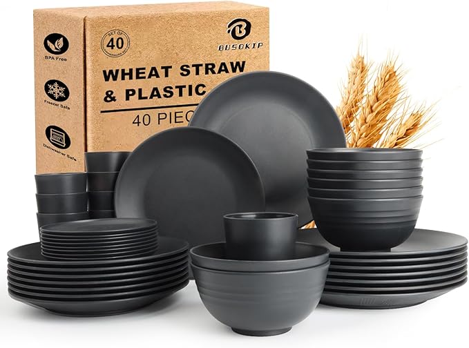 Wheat Straw Dinnerware Sets 40 PCS- Unbreakable Dishes Set for 8 Dishwasher and Microwave Safe Plates and Bowls Sets Reusable Plastic Plates Bowls Drinking Cups for Camping Party - Black