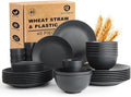 Wheat Straw Dinnerware Sets 40 PCS- Unbreakable Dishes Set for 8 Dishwasher and Microwave Safe Plates and Bowls Sets Reusable Plastic Plates Bowls Drinking Cups for Camping Party - Black