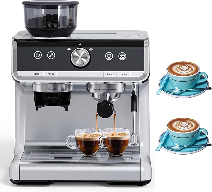 10 Cup Coffee Maker with Adjustable Coarseness Grinder 20 Bar Coffee Maker with Milk Frother Steam Wand 95 Ounces Water Tank Coffee Machine for Latte Cappuccino 2 Cups at Once Silver