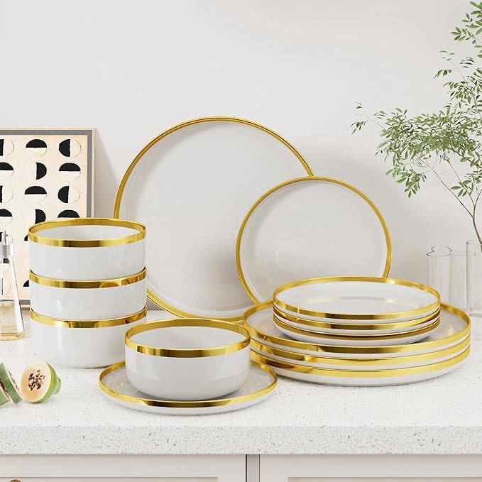 12-Piece Porcelain Dinnerware Set for 4 Kitchen Plates and Bowls Sets Handmade Ceramic Dish Set with Gold Rim White Non-Microwave &amp Non-Oven Safe