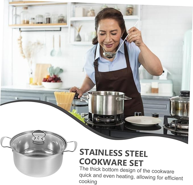 Healifty Stainless Steel Cookware Set with Soup Pot Milk Pot Frying Pan Thick Bottom for Quick Heating with Comfortable Steel Handles for Efficient Kitchen Cooking