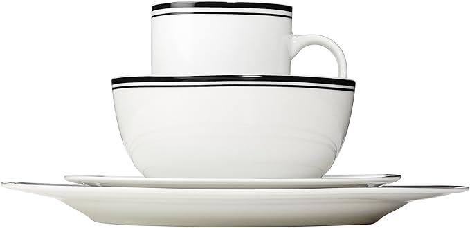 Amazon Basics 16-Piece Cafe Stripe Dinnerware Set Microwave and Dishwasher Safe Plates Bowls Mugs Service for 4 Black