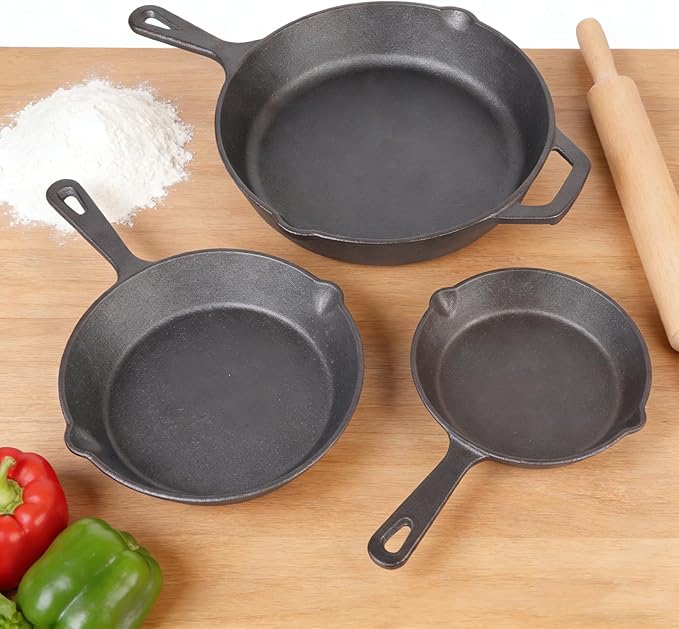 3Piece Set Heavy-Duty Professional Restaurant Chefs PreSeasoned Pan Cookware Set 6 8 10