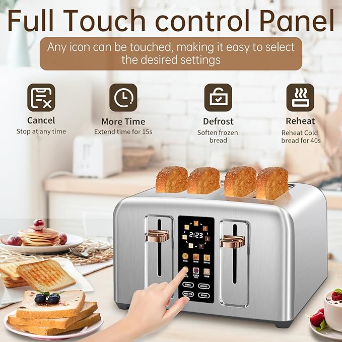 SEEDEEM Toaster 4 Slice Stainless Toaster &amp Touch Control LCD Display 6 Bread Type 7 Shade Settings 1.5'' Wide Slots Cancel/Defrost/Reheat Removable Crumb Tray 1800W Silver Metallic