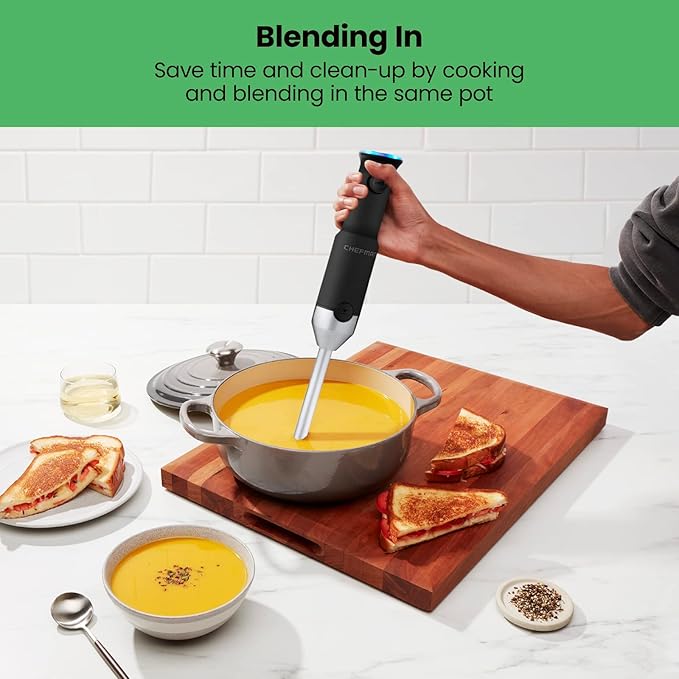 Chefman Cordless Power Portable Immersion Blender Ice Crushing Power with One-Touch Speed Control USB Charging Quickly Mixes Smoothies Purees Soups Dips Sauces Storage Case Stainless Steel
