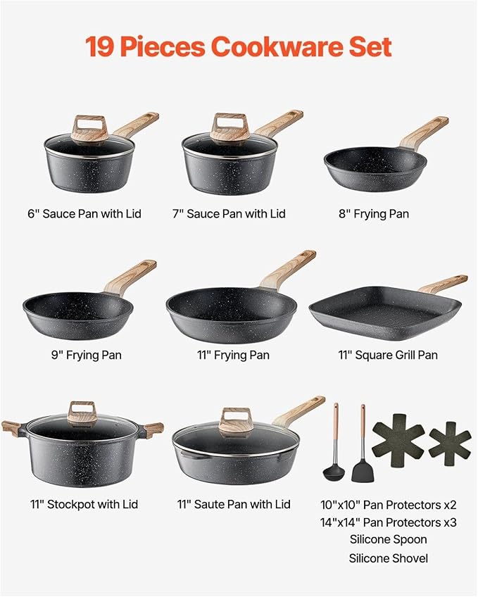 19 Piece Pots and Pans Set Granite Nonstick Cookware Set Induction Compatible Kitchen Pots and Pans Black