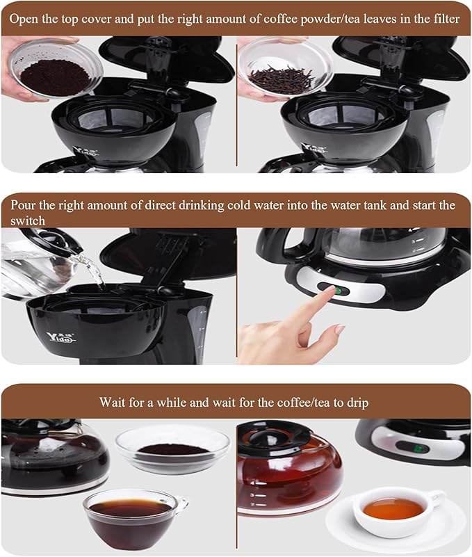 Small Drip Coffee Machine American Coffee Filter for 4-6 PeopleOffice Tea Brewing MachineBlack