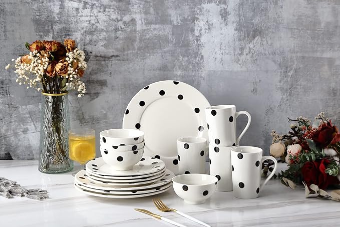 Modern Porcelain 16-Piece Dinnerware Set Plates and Bowls Set for 4 Black Polka Dot DinnerwareDishwasher &amp Microwave Safe Ceramic Dish Set for Home Dining Gifts
