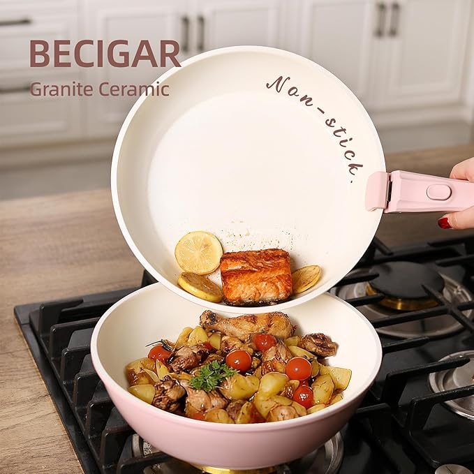 23pcs Ceramic Pots and Pans Set Nonstick Detachable Handle Cookware Induction Kitchen Cooking Set with Removable Handleinclude Frying Pans &amp Saucepans Oven Safe(Pink)