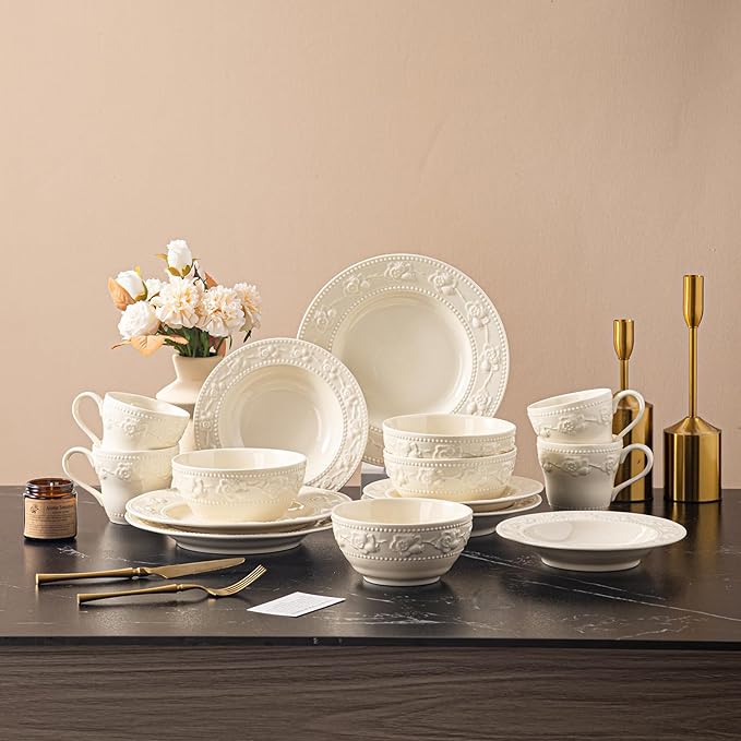 Embossed Strawberry Ceramic Dinnerware Set 16-Piece for 4 Ivory White Non-Slip Plates Bowls &amp Mugs Microwave &amp Dishwasher Safe Premium Kitchen Table Setting Statement Pieces